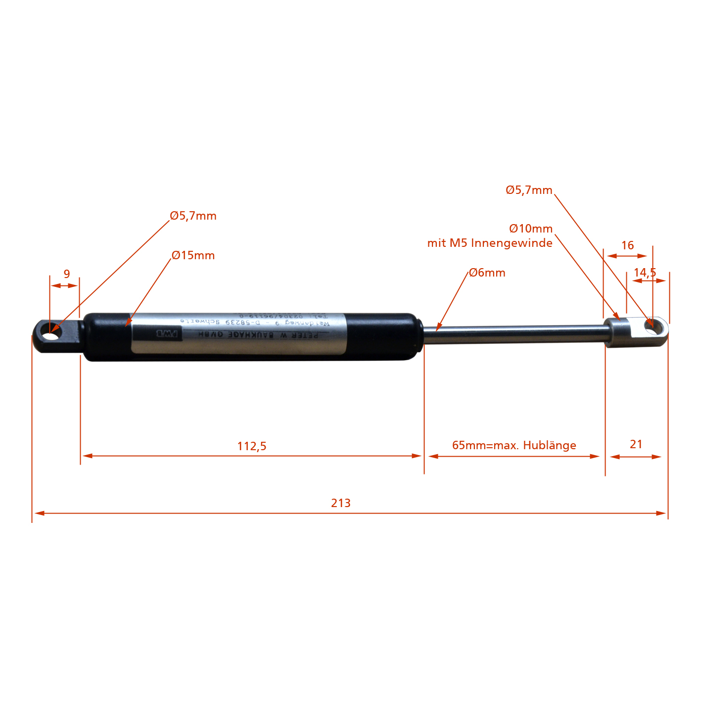 Gasdruckfeder 180N, 65mm Hub, 15,6mm Druckrohr